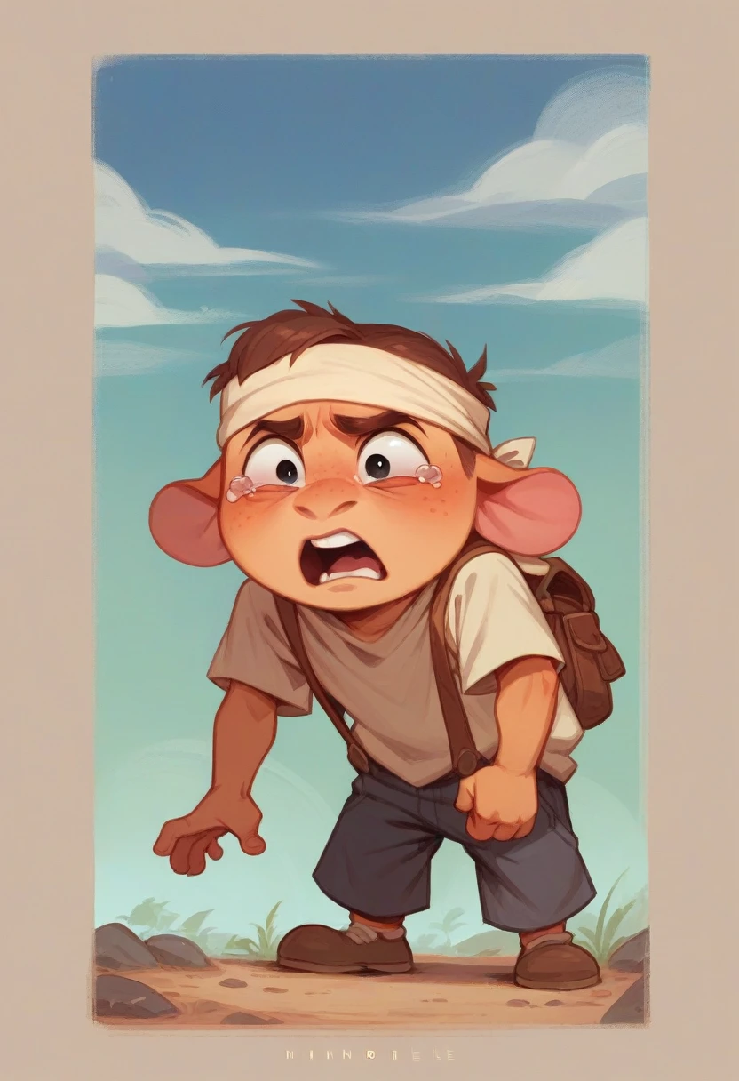 A Small kid with a body made out of pebbles standing while tearing himslef apart and hanging the pebbles to an older version of themselves with a body made out of stone