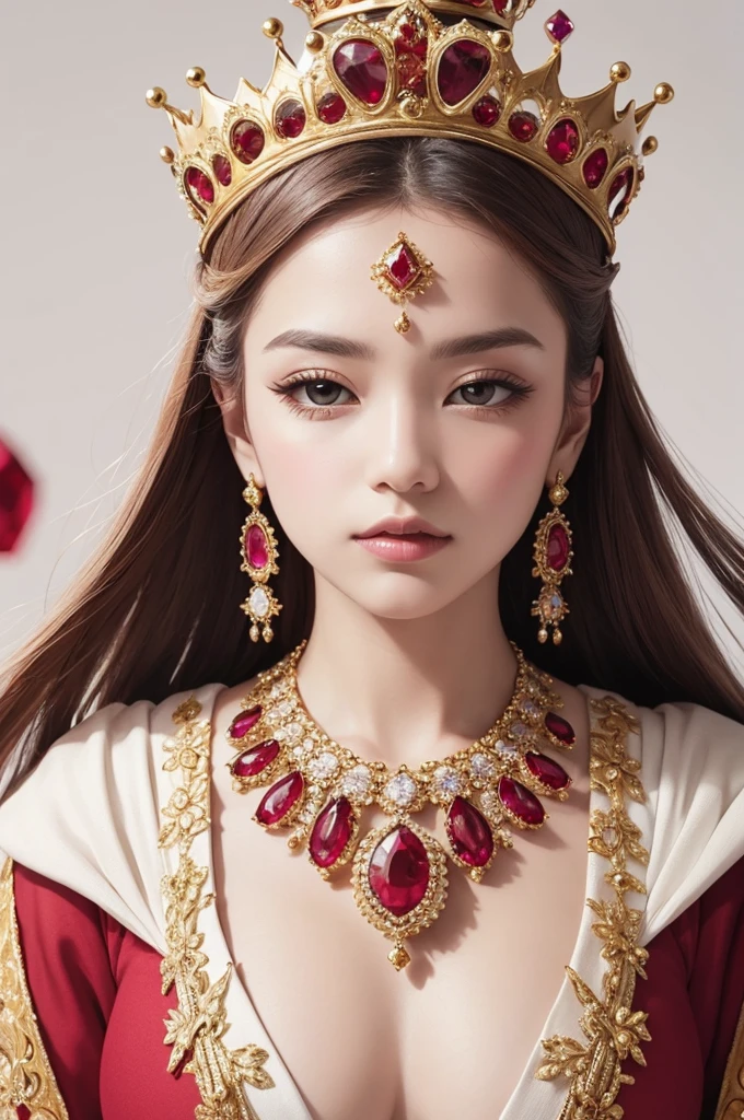 album cover, one crown studded with rubies in the center, white background with gold details, elegant, majestic
