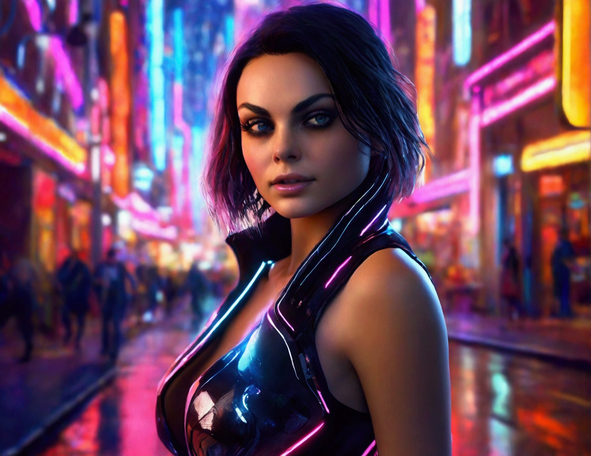 Mila Kunis,20 years old,skimpy outfit,playful,cyberpunk city,neon lights,high-tech,futuristic cityscape,detailed face,beautiful eyes,long eyelashes,detailed facial features,flawless skin,dynamic pose,graceful movements,ultrarealistic,cinematic lighting,vibrant colors,8k,photorealistic,Ray tracing,volumetric lighting,dramatic shadows
