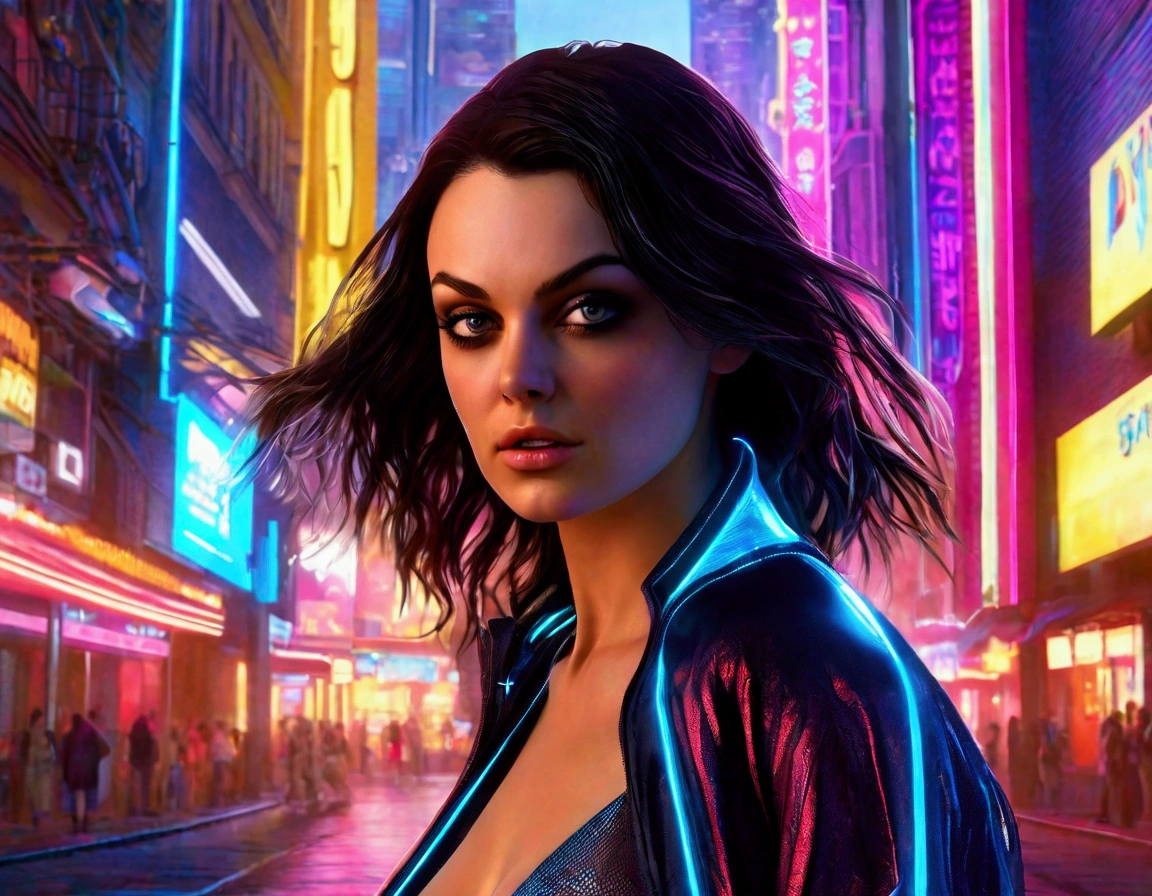 Mila Kunis,20 years old,skimpy outfit,playful,cyberpunk city,neon lights,high-tech,futuristic cityscape,detailed face,beautiful eyes,long eyelashes,detailed facial features,flawless skin,dynamic pose,graceful movements,ultrarealistic,cinematic lighting,vibrant colors,8k,photorealistic,Ray tracing,volumetric lighting,dramatic shadows
