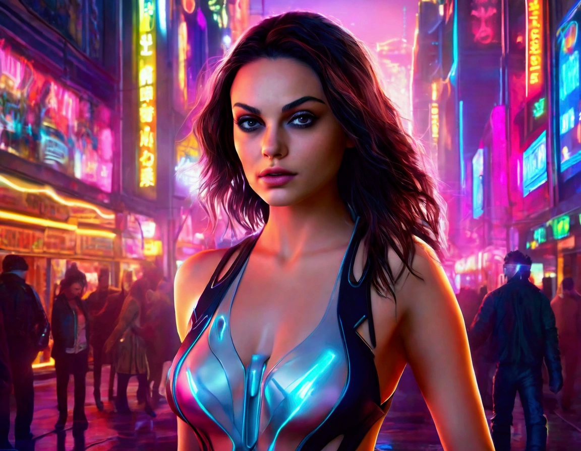 Mila Kunis,20 years old,skimpy outfit,playful,cyberpunk city,neon lights,high-tech,futuristic cityscape,detailed face,beautiful eyes,long eyelashes,detailed facial features,flawless skin,dynamic pose,graceful movements,ultrarealistic,cinematic lighting,vibrant colors,8k,photorealistic,Ray tracing,volumetric lighting,dramatic shadows
