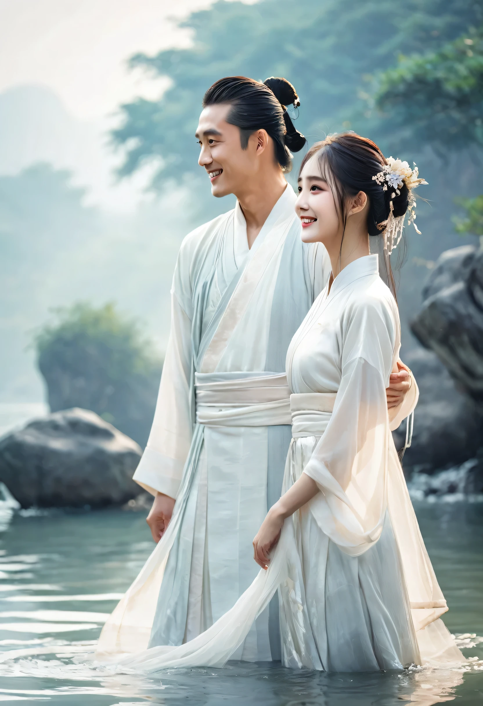 (A couple, beautiful girl and boy), big watery eyes, looking at each other, smiling and wearing white clothes, delicate hair, an ancient Chinese beauty and Handsome guy, wearing ancient Chinese clothing, flowing tulle, light silk,(clean background), ink painting style, clean color, decisive cutting, blank, freehand, masterpiece, super detailed, epic composition, high quality, the highest quality, 4k