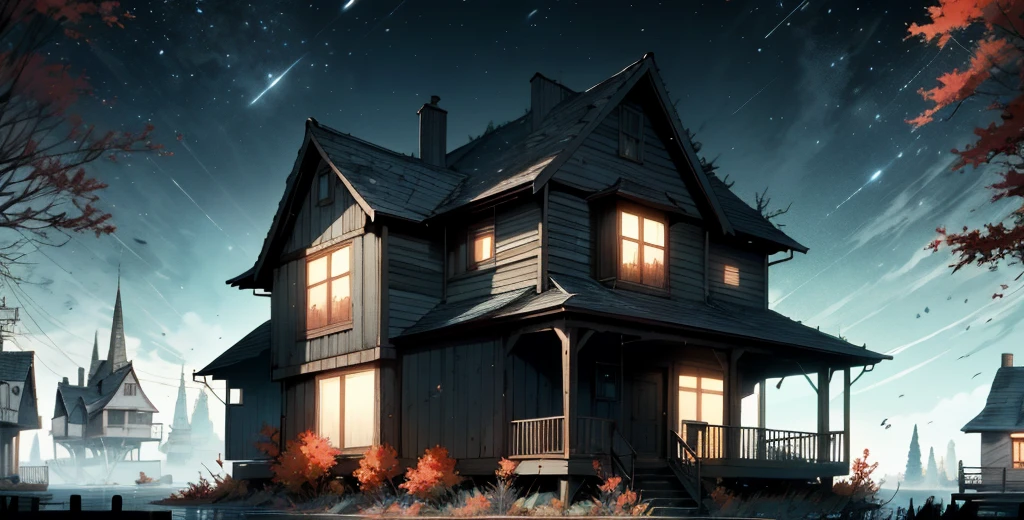 an abandoned house made of wood, American architecture from the 60s, autumn, beginning of winter, leaves without leaves, trees hanging next to the house, dark scenery, 4k, ultra-detailed, very realistic, dark_fantasy