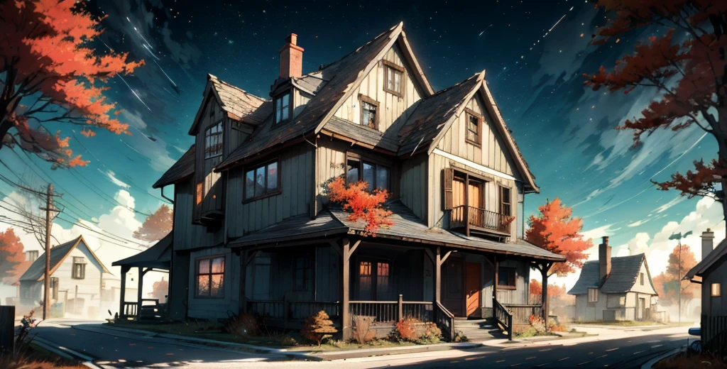 an abandoned house made of wood, American architecture from the 60s, autumn, beginning of winter, leaves without leaves, trees hanging next to the house, dark scenery, 4k, ultra-detailed, very realistic, dark_fantasy