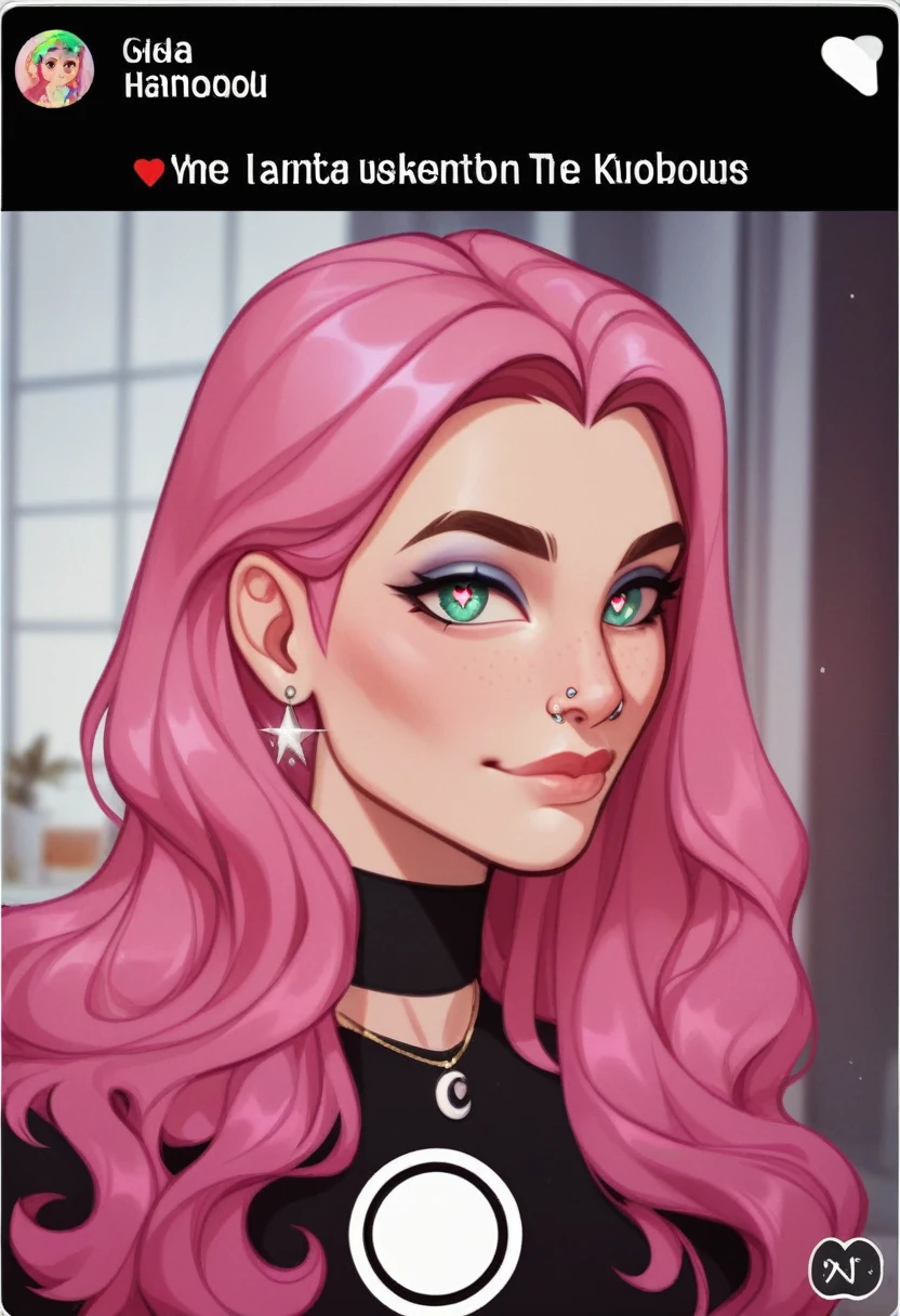 Meet Luna Rose, a digital influencer in her early twenties with fair English skin and vibrant pink hair styled in a chic, tousled bob. She has sharp, well-defined eyebrows, large, sparkling eyes, a slightly upturned nose, and full, naturally glossy lips. Her radiant, dewy skin highlights her high cheekbones, adding elegance to her edgy-chic style. Luna's wardrobe blends bold, statement pieces with sophisticated fashion, accessorized with eye-catching jewelry and handbags. She exudes confidence, charm, and authenticity, captivating a young audience with her creative, fashion-forward content on Instagram, TikTok, YouTube, and .