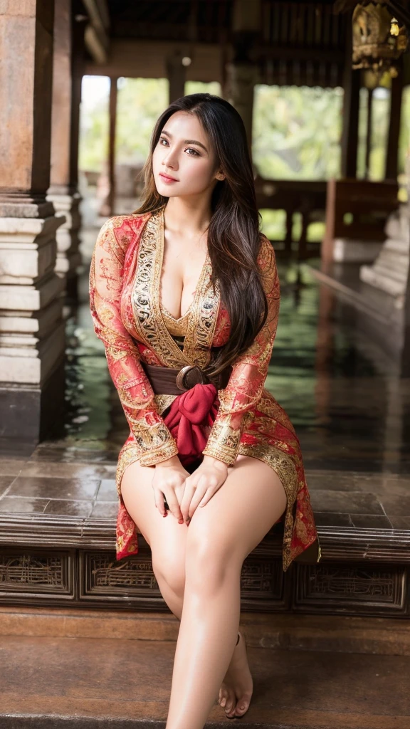 masterpiece, ultra realistic,32k,intricate details, sharp focus, realistic, closed, seductive pose, black eyes, jewelr, lips, realistic, looking_at_viewer, 1girl, wet skin, shiny skin, long sleeves, indonesian clothes, bali, balinese, cityscape, dynamic pose, red kebaya, beautiful feet, full body, busty body, curvy body, c cup size breast, long hair, bang hairstyle, beauty face, front view, sitting, sexy pose, figure to camera, long distance shot