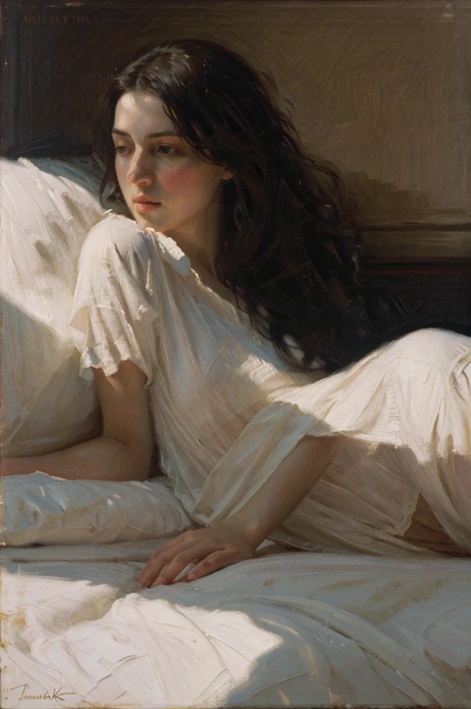 oil painting of a woman lying on a bed with a white sheet, ((ONE WOMAN ONLY)) Nick Alm, Jeremy Lipking, range murata Jeremy Lipking, sargento marshénnikov, Michael Alford, Guillermo Oxer, lying on the bed, Jeremy Lipking full length shot, figurative art, award-winning oil painting, figurative painting, Realistic oil on lino, Jeremy Lipkin, ((Nick Alm style painting))