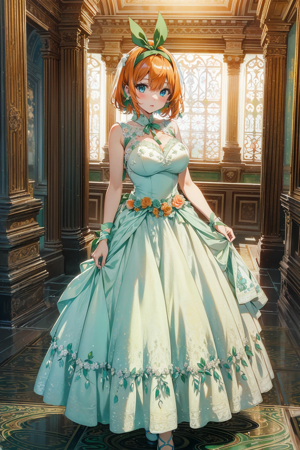 absurd, 8K, high resolution, ultra detailed, beautiful, masterpiece, best quality, very pretty woman, young, (very big breasts:1.2), detailed woman's face, very attractive, (wedding dress:1.2), full body, yotsuba nakano, bangs, short hair, blue eyes, hair between eyes, hair ribbon, hairband, orange hair, (green ribbon:1.1),