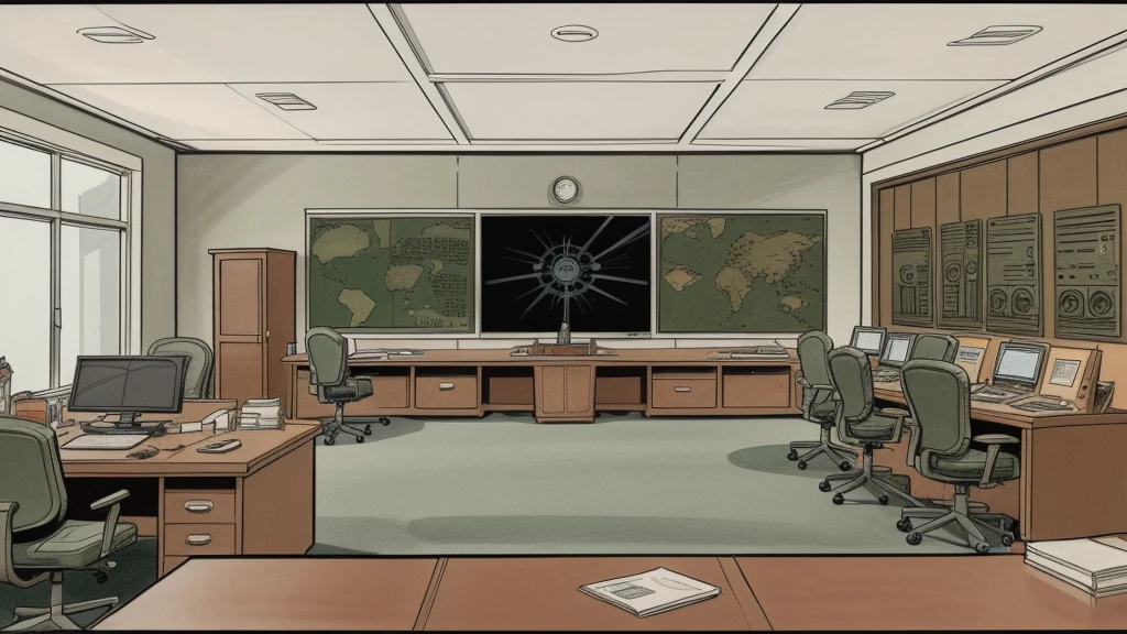Cartoon style, military command center room in 1950