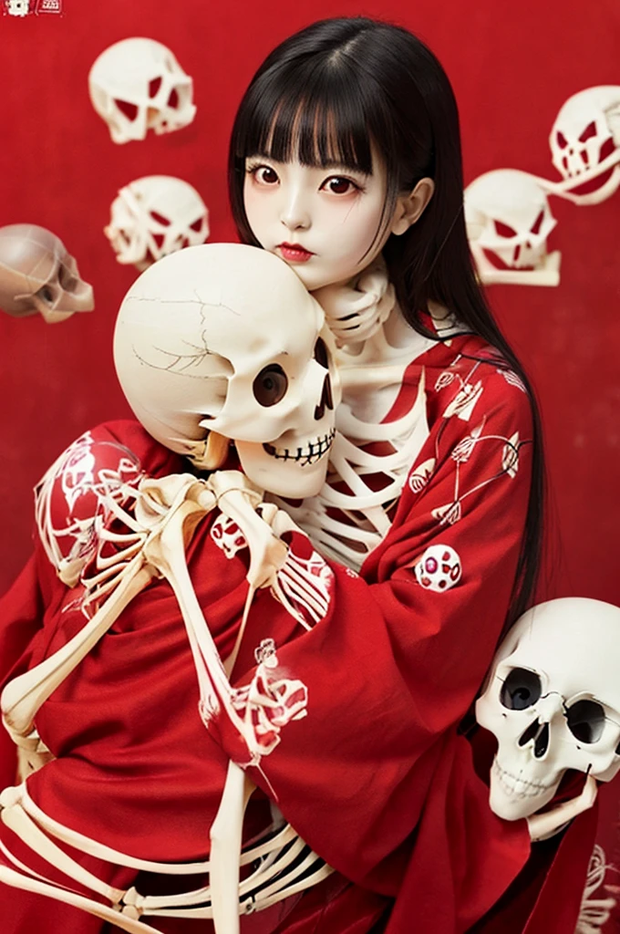 Masterpiece、Highest quality、Realistic photos、Thick Fog、A beautiful Japanese girl in a very elaborate red kimono、((((Holding a pure white skull、Skeleton hugging))))、Spread your legs and show your vagina、((Red background))