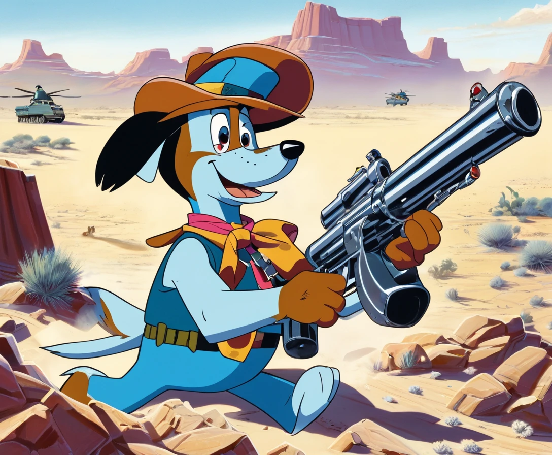 Huckleberry Hound, Big Muscle, Holding Machinegun, Desert, Style of Joseph Hanna 