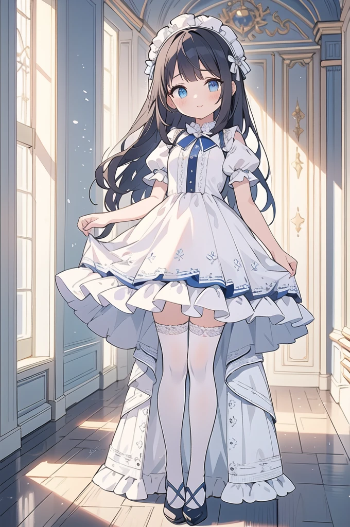 (masterpiece, best quality), 1girl, blue and white frill dress, (white stockings), cute face, standing, indoor, intricate detail, sunlight,