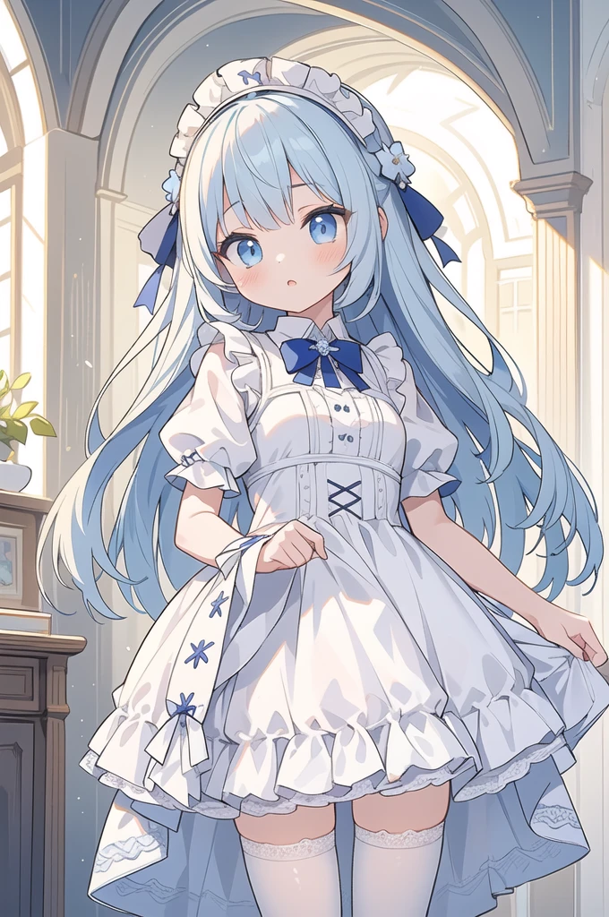 (masterpiece, best quality), 1girl, blue and white frill dress, (white stockings), cute face, standing, indoor, intricate detail, sunlight,