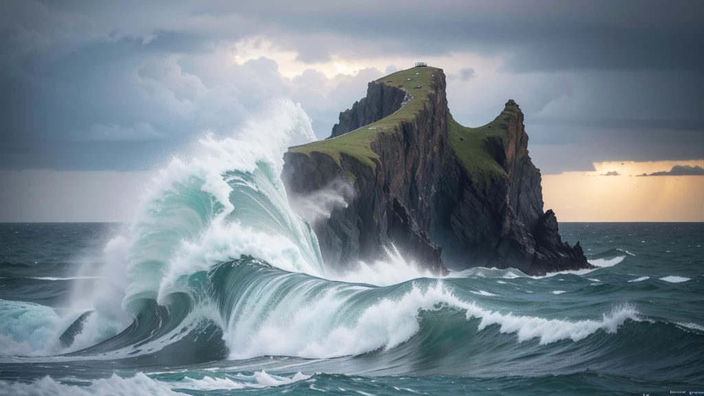 A low angle close-up shot of sharp, jagged cliffs towering over turbulent ocean waves, surrounded by sea spray and distant rocky outcrops, under an overcast sky, during a stormy afternoon, shot with a Nikon Z7 II, 50mm f/1.4 lens, high contrast