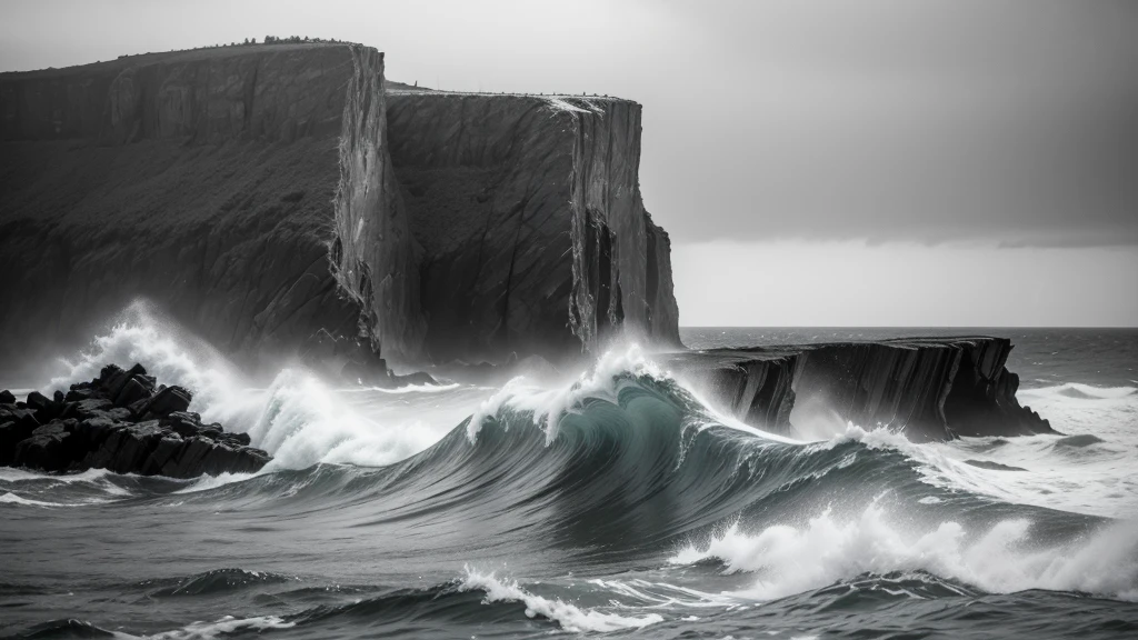 A low angle close-up shot of sharp, jagged cliffs towering over turbulent ocean waves, surrounded by sea spray and distant rocky outcrops, under an overcast sky, during a stormy afternoon, shot with a Nikon Z7 II, 50mm f/1.4 lens, high contrast