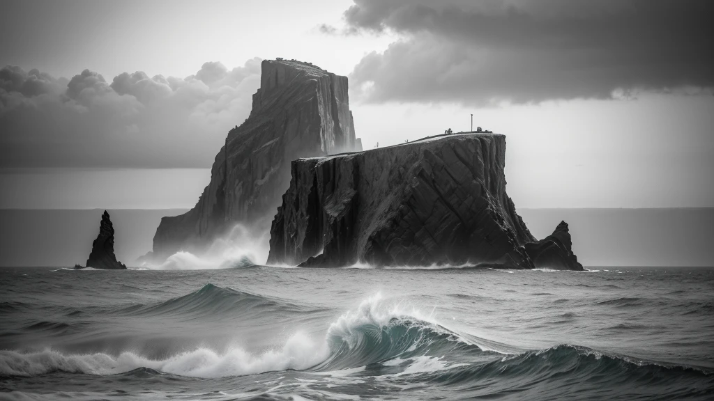 A low angle close-up shot of sharp, jagged cliffs towering over turbulent ocean waves, surrounded by sea spray and distant rocky outcrops, under an overcast sky, during a stormy afternoon, shot with a Nikon Z7 II, 50mm f/1.4 lens, high contrast