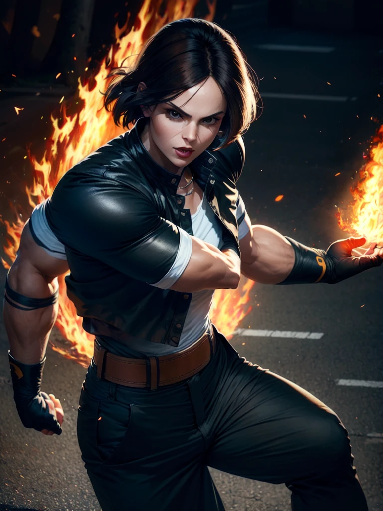 30-year-old woman, alone, alone, athletic, sexy, dark hair, white band on her forehead, white short-sleeved shirt, open short-sleeved black jacket, black hip-length pants, thin brown belt, wears fingerless gloves black color that covers almost his entire forearm, serious look looking at the viewer, fire coming out of his hand, cinematic, ultra sharp focus, award-winning photography, perfect contrast, high sharpness, depth of field, ultra detailed photography, global illumination, fluid, ultra High Definition, 8k, Unreal Engine 5, Ultra Sharp Focus, Award Winning Photography, Art Season Trends,