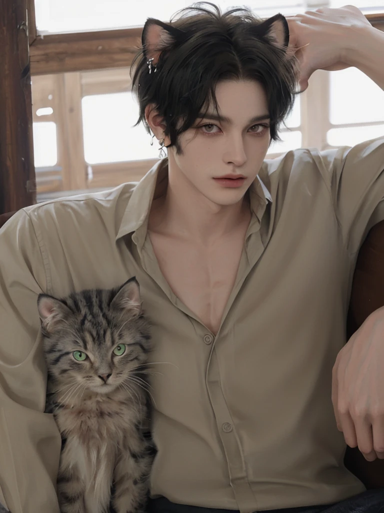 1 boy, portrait, earrings, One,lips,  male focus, yellow green eyes, I look at the viewer,Black shaggy hair, short hair, closed mouth, tall and skinny, but a muscular guy in fantasy clothes consisting of a shirt and trousers. Boy 16 years old. Beautiful. Yellow eyes with cat pupils. fluffy cat ears. Fantasy world.animal ears, fluffy cat ears, yellow eyes, short hair, Hair in front of ears, accuracy, a high resolution, masterpiece, realistic anatomy, Best quality, high quality, very detailed.
