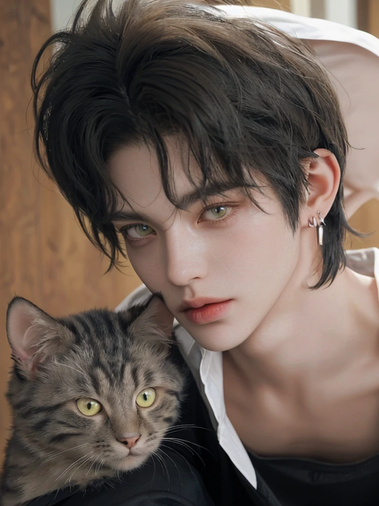 1 boy, portrait, earrings, One,lips, male focus, yellow green eyes, I look at the viewer,Black shaggy hair, short hair, closed mouth, tall and skinny, but a muscular guy in fantasy clothes consisting of a shirt and trousers. Boy 16 years old. Beautiful. Yellow eyes with cat pupils. fluffy cat ears. Fantasy world.animal ears, fluffy cat ears, yellow eyes, short hair, Hair in front of ears, accuracy, a high resolution, masterpiece, realistic anatomy, Best quality, high quality, very detailed.