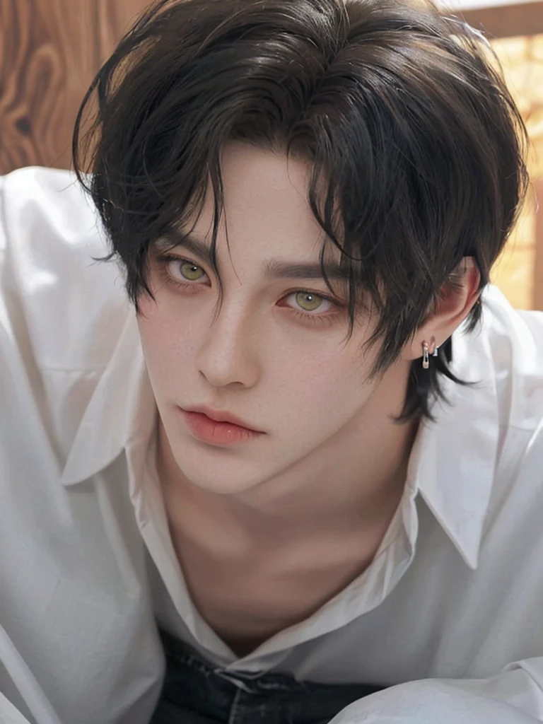 1 boy, portrait, earrings, One,lips,  male focus, yellow green eyes, I look at the viewer,Black shaggy hair, short hair, closed mouth, tall and skinny, but a muscular guy in fantasy clothes consisting of a shirt and trousers. Boy . Beautiful. Yellow eyes with cat pupils. fluffy cat ears. Fantasy world.animal ears, fluffy cat ears, yellow eyes, short hair, Hair in front of ears, accuracy, a high resolution, masterpiece, realistic anatomy, Best quality, high quality, very detailed.