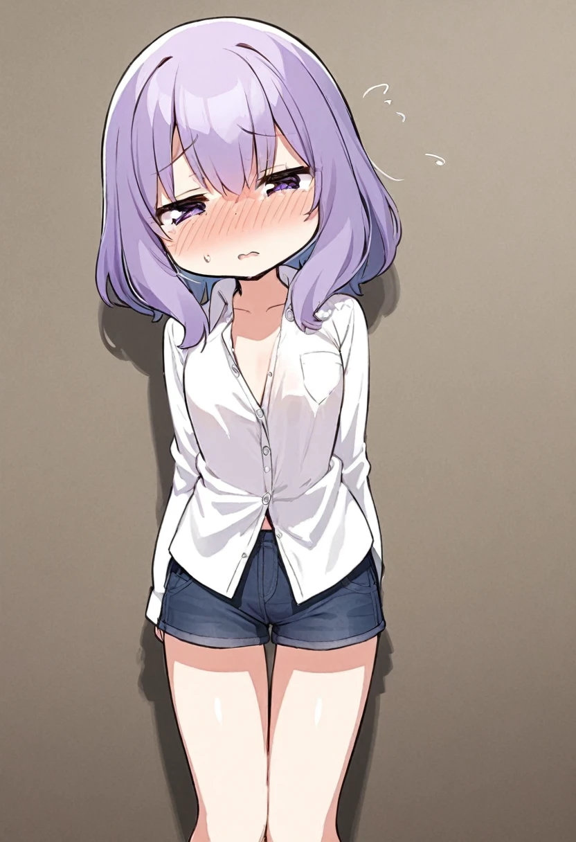 Cute anime girl,solo,purple hair,shy, embarassed,unbuttoned shirt