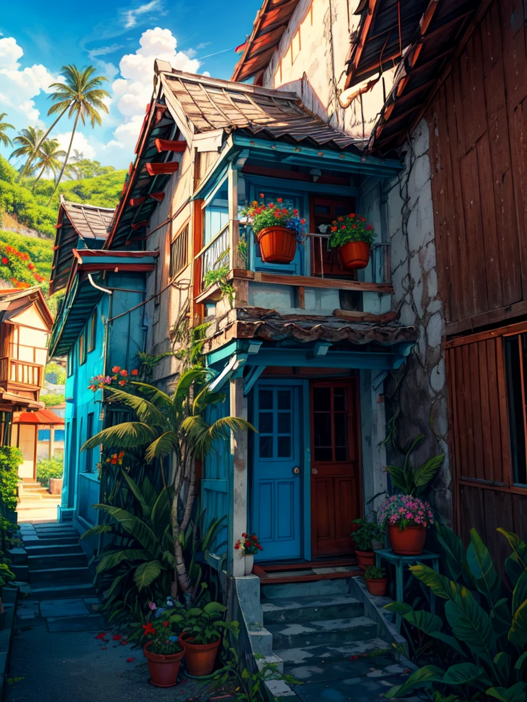 super wide perspective, a beautiful white old chibi hut on beach, sea, blue doors and windows, beach, sand, tropical plants, stairs, amazing sky, ghibli anime scene, pots with tropical leafy plants, white metal chair with table, white cycle with basket, red flowers in balcony, flowers in foreground, cinematic color tones, subtle light, vibrant color tones, ghibli style, no humans, scenery, masterpiece, high resolution 