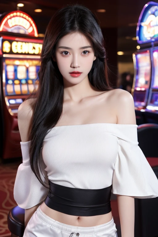 (realistic,high resolution:1.3), skinny girl, Their facial features and eyes are very delicate.,black hair,red glossy lips,(Beautiful face), (best quality), (Superb details), (A collection of 8K CG wallpapers that are very detailed.),((Tight off-the-shoulder shirt)),(white background),(rift),Look sexy,Big eyes,(stand),(Slim waistline),teardrop-shaped breasts,soft breasts,The breasts are very realistic.,Character is central,underwear sash,shorts,sexy pose (The background is a modern casino and slot machines, a modern PG company.)