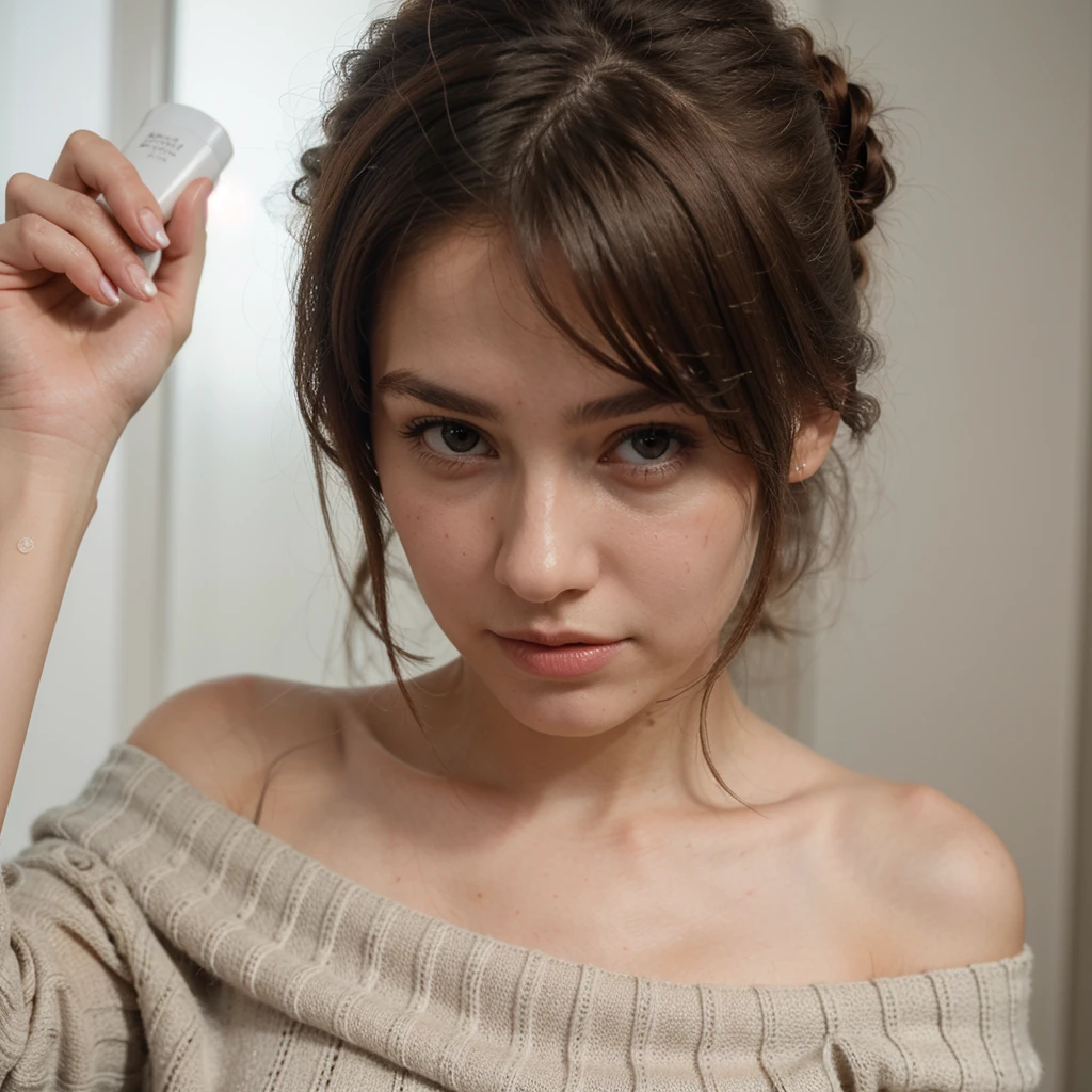 ((best quality)), ((masterpiece)), (detailed), 1girl, off-shoulder sweater, holding a face wash in your hand