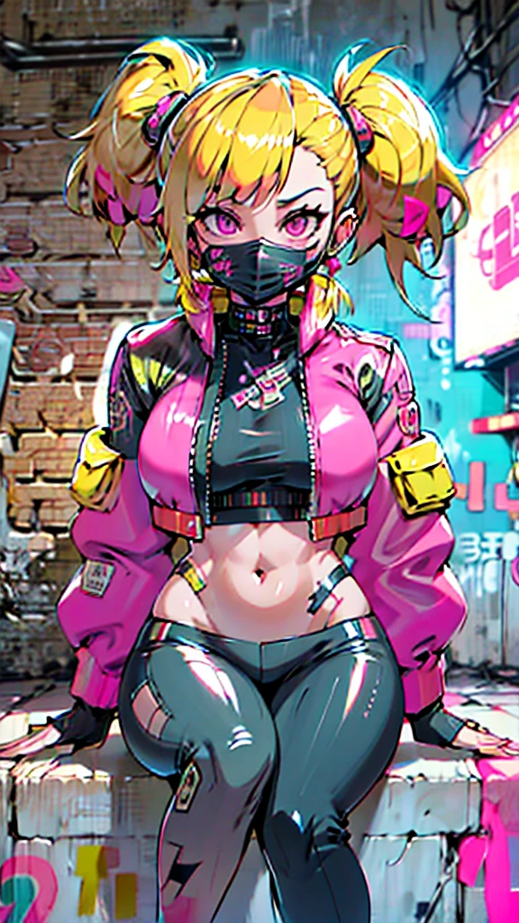 8k,Super detailed,super high quality,Ultra-precision,The ultimate masterpiece,Devil Girl,big ,big Thigh,Bomber jacket,Long Leather Pants,Long twin tails(blonde)(Inner color is pink),Cool graffiti on the wall,cyberpunk face mask,Cyberpunk Theme,Sitting cross-legged,