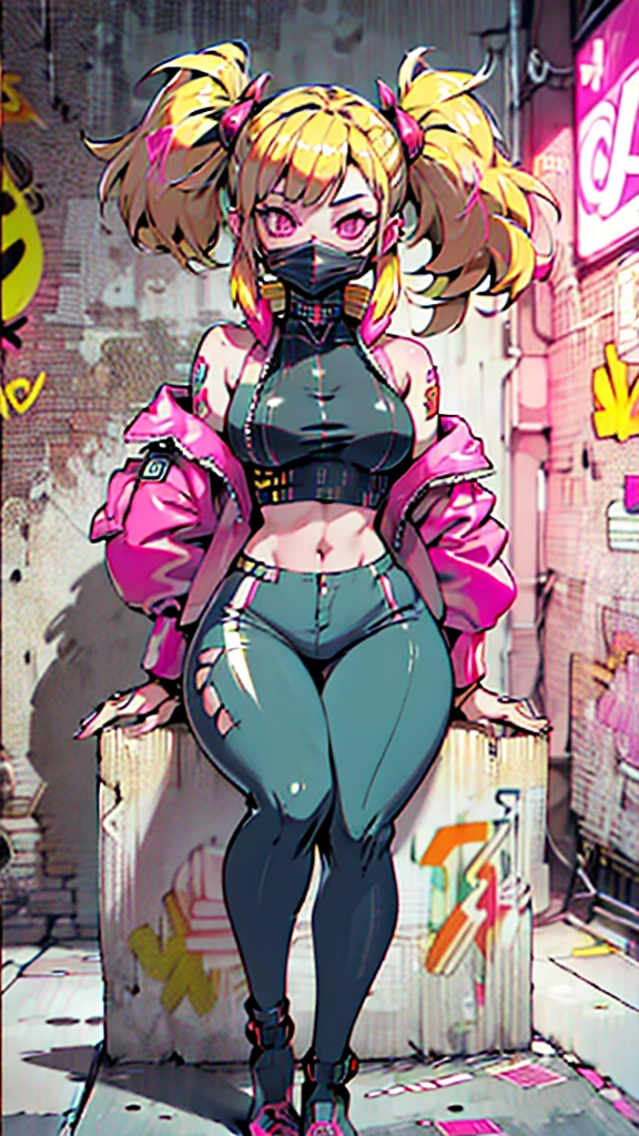 8k,Super detailed,super high quality,Ultra-precision,The ultimate masterpiece,Devil Girl,big ,big Thigh,Bomber jacket,Long Leather Pants,Long twin tails(blonde)(Inner color is pink),Cool graffiti on the wall,cyberpunk face mask,Cyberpunk Theme,Sitting cross-legged,