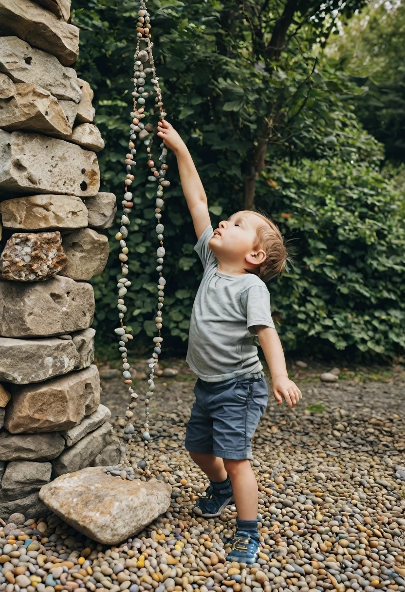 A Small kid with a body made out of pebbles standing while tearing himslef apart and hanging the pebbles to an older version of themselves with a body made out of stone