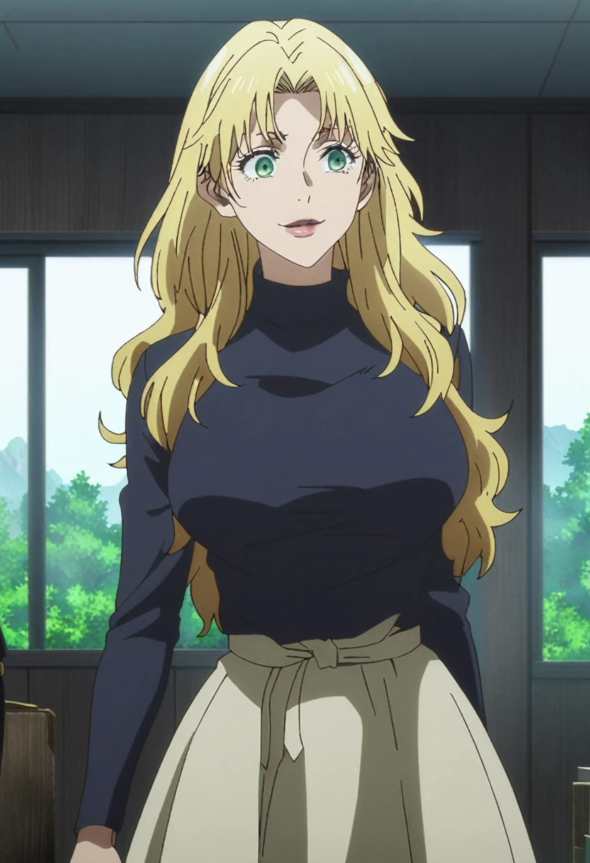 1girl, female gojo satoru, anime screencap from jujutsu kaisen, gojo satoru female version, solo, long_hair, ((green eyes)) ((Yellow hair,  wavy hair)), trees background, (hanging breasts) upper_body, smile, indoors, book, lips, (long hair) (( A dark, long-sleeved, high-necked dress that extends down to her mid-thigh. The dress is accented with a couple of gold buttons, wearing black knee-high boots)) breast, "very detailed and high resolution" (green eyes) ((solo)) (((front view))) (earings) ((high resolution)) ((good quality)) ((silky hair)) 