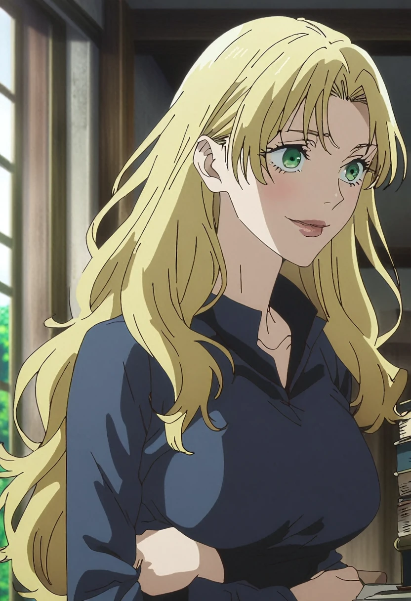 1girl, female gojo satoru, anime screencap from jujutsu kaisen, gojo satoru female version, solo, long_hair, ((green eyes)) ((Yellow hair,  wavy hair)), trees background, (hanging breasts) upper_body, smile, indoors, book, lips, (long hair) (( A dark, long-sleeved, high-necked dress that extends down to her mid-thigh. The dress is accented with a couple of gold buttons, wearing black knee-high boots)) breast, "very detailed and high resolution" (green eyes) ((solo)) (((front view))) (earings) ((high resolution)) ((good quality)) ((silky hair)) 