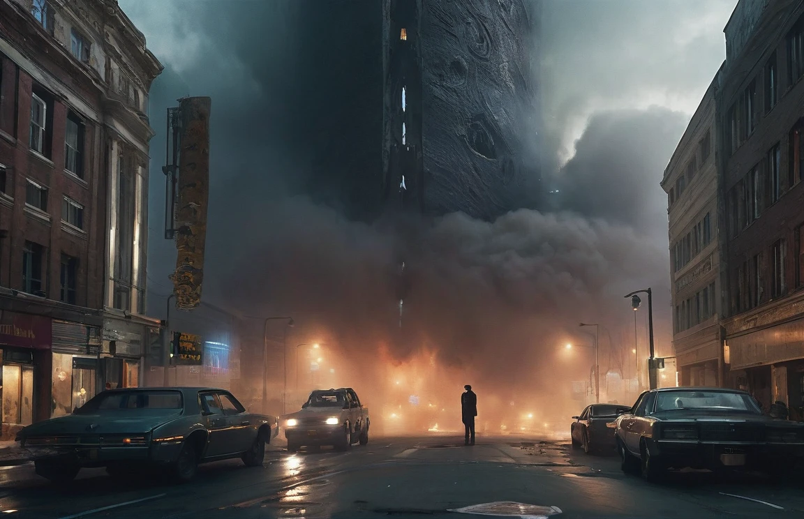 cinematic film, Realistic photograph,

In a horror-themed setting, a massive, oversized eldritch stele, towering 20 storeys high, is covered in bas-relief depicting demonic pain and suffering, along with unholy glyphs. Smoke billows from a blasphemous portal to hell at the stele's base, casting an eerie glow. This colossal structure pierces through a gigantic hole in a major downtown street, surrounded by broken asphalt and rubble. A dust cloud swirls around its base, and cars are scattered around, caught in the chaos.
The scene is set at night, amplifying the dark and spooky atmosphere. The extreme wide-angle lens captures the vastness of the stele, while the hero angle emphasizes its ominous presence. The entire scene is shrouded in a mood of suspense and grimness, with every detail rendered in high detail, enhancing the unsettling and eerie feel of this otherworldly horror.


,shallow depth of field, vignette, highly detailed, high budget, bokeh, cinemascope, moody, epic, gorgeous, film grain, grainy, 