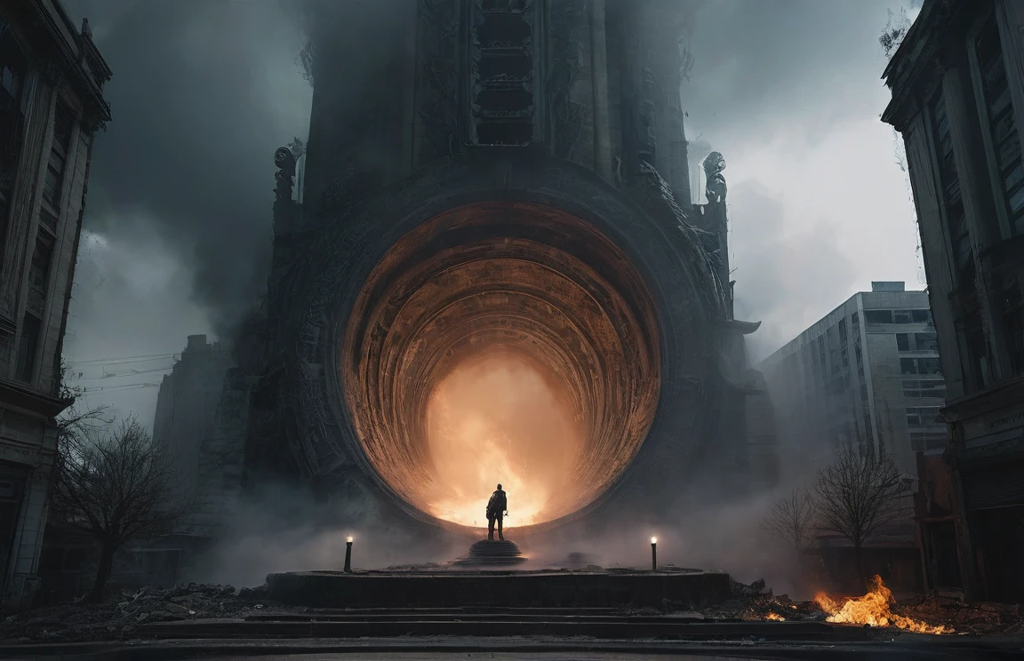 cinematic film, Realistic photograph,

In a horror-themed setting, a massive, oversized eldritch stele, towering 20 storeys high, is covered in bas-relief depicting demonic pain and suffering, along with unholy glyphs. Smoke billows from a blasphemous portal to hell at the stele's base, casting an eerie glow. This colossal structure pierces through a gigantic hole in a major downtown street, surrounded by broken asphalt and rubble. A dust cloud swirls around its base, and cars are scattered around, caught in the chaos.
The scene is set at night, amplifying the dark and spooky atmosphere. The extreme wide-angle lens captures the vastness of the stele, while the hero angle emphasizes its ominous presence. The entire scene is shrouded in a mood of suspense and grimness, with every detail rendered in high detail, enhancing the unsettling and eerie feel of this otherworldly horror.


,shallow depth of field, vignette, highly detailed, high budget, bokeh, cinemascope, moody, epic, gorgeous, film grain, grainy, 