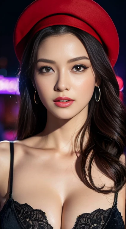 A stable spread signal for a given topic would be as follows.:
"(best quality,4K,8ก,High resolution,Masterpiece:1.2), Very detailed, (realistic,realistic,Realistic photos:1.37), (..CGI:1.1), velvet, Good size chest with cleavage., sculpture, Red Hat, exposed midriff, star crown, Roll armband, lips, avoid staring, close up, Turn your head., (The background is a modern casino and slot machines, a modern PG company.)"