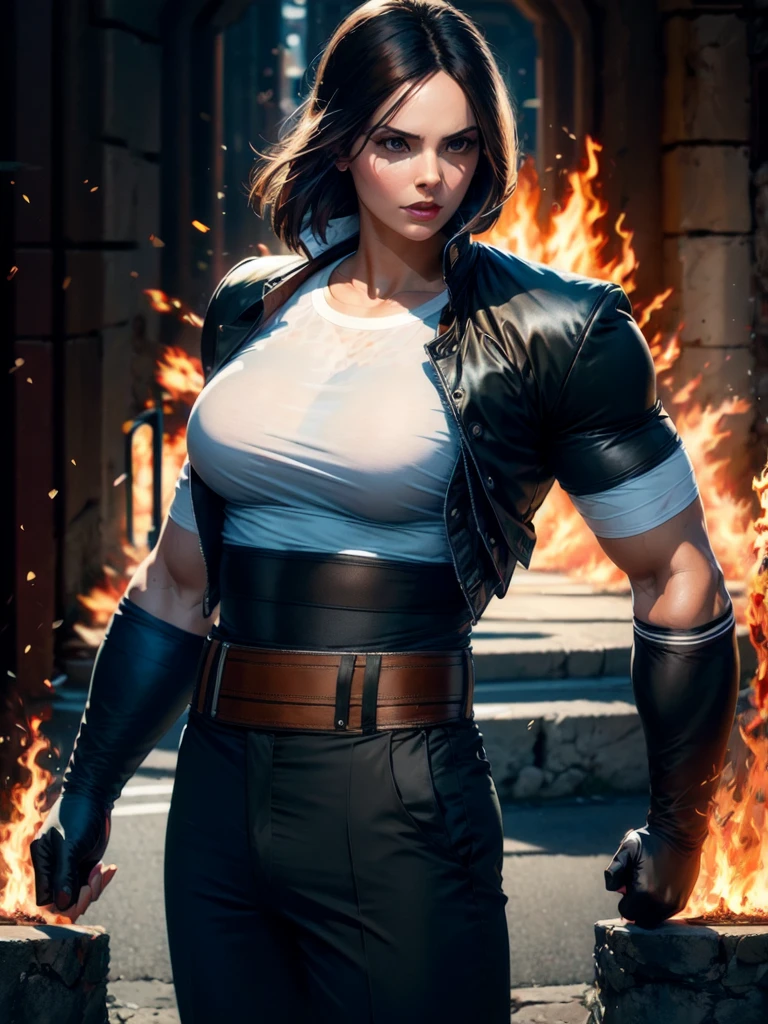 30-year-old woman, alone, alone, sexy, sensual, dark hair, white band on her forehead, white short-sleeved shirt, open black short-sleeved jacket, black hip pants, thin brown belt, wears fingerless gloves black color that covers almost his entire forearm, serious look looking at the viewer, fire coming out of his hand, cinematic, ultra sharp focus, award-winning photography, perfect contrast, high sharpness, depth of field, ultra detailed photography, global illumination, fluid, ultra High Definition, 8k, Unreal Engine 5, Ultra Sharp Focus, Award Winning Photography, Art Season Trends,
