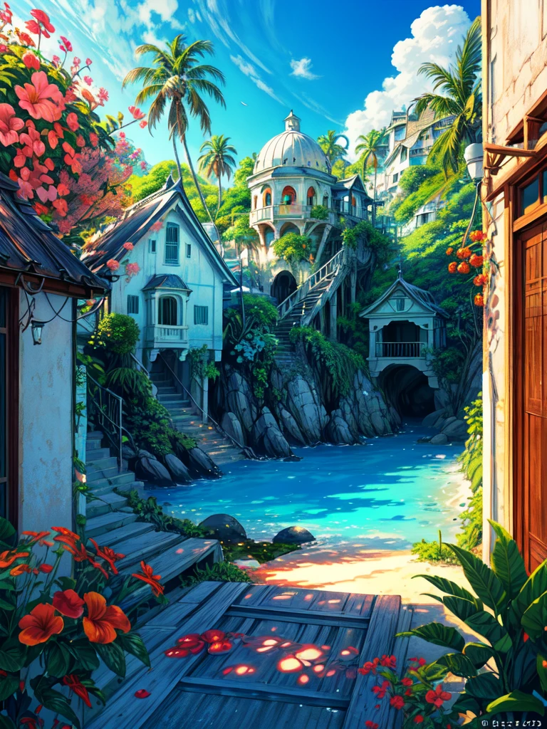 super wide perspective, a beautiful white colored old chibi hut on beach, sea, blue doors and windows, beach, sand, tropical plants, stairs, amazing sky, ghibli anime scene, pots with tropical leafy plants, white metal chair with table, white cycle with basket, red flowers in balcony, flowers in foreground, cinematic color tones, subtle light, vibrant color tones, ghibli style, no humans, scenery, masterpiece, high resolution