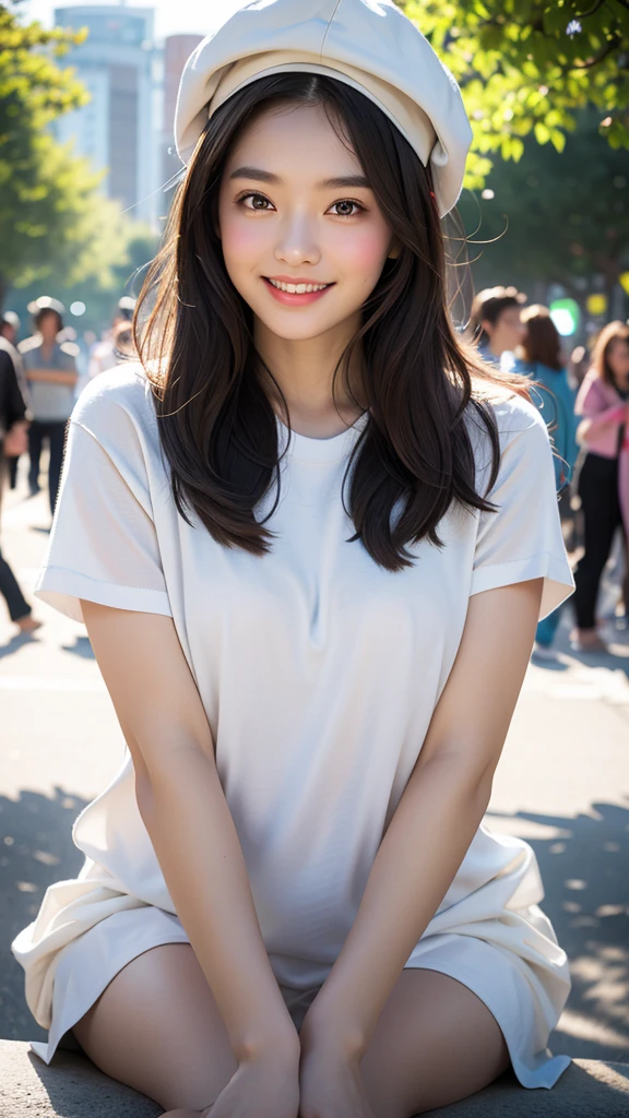 high quality,master piece,by famous artist,high resolution,lens flare,a girl, one girl,solo focus,alone,4K,8k,raw photo,perfect ???????,short brown hair,watch、bieutiful eyes,Japanese women,Age 25,healthy,maternal,positive,bright,kind,Young Woman Fashion,Trending Fashion,（Sneaker Style）、hat（cap）、Beautiful Skin,Fair skin,最high quality,4K,8k,masterpiece,Young and beautiful,Charm,ecup bust、An innocent smile、smile、teeth、A little embarrassed expression、one girl、The background is a park、There is a fountain、Flowers、one girl,Detailed hands and fingers、Arms down、Anatomically correct body、one girl,very nice lady,one girl