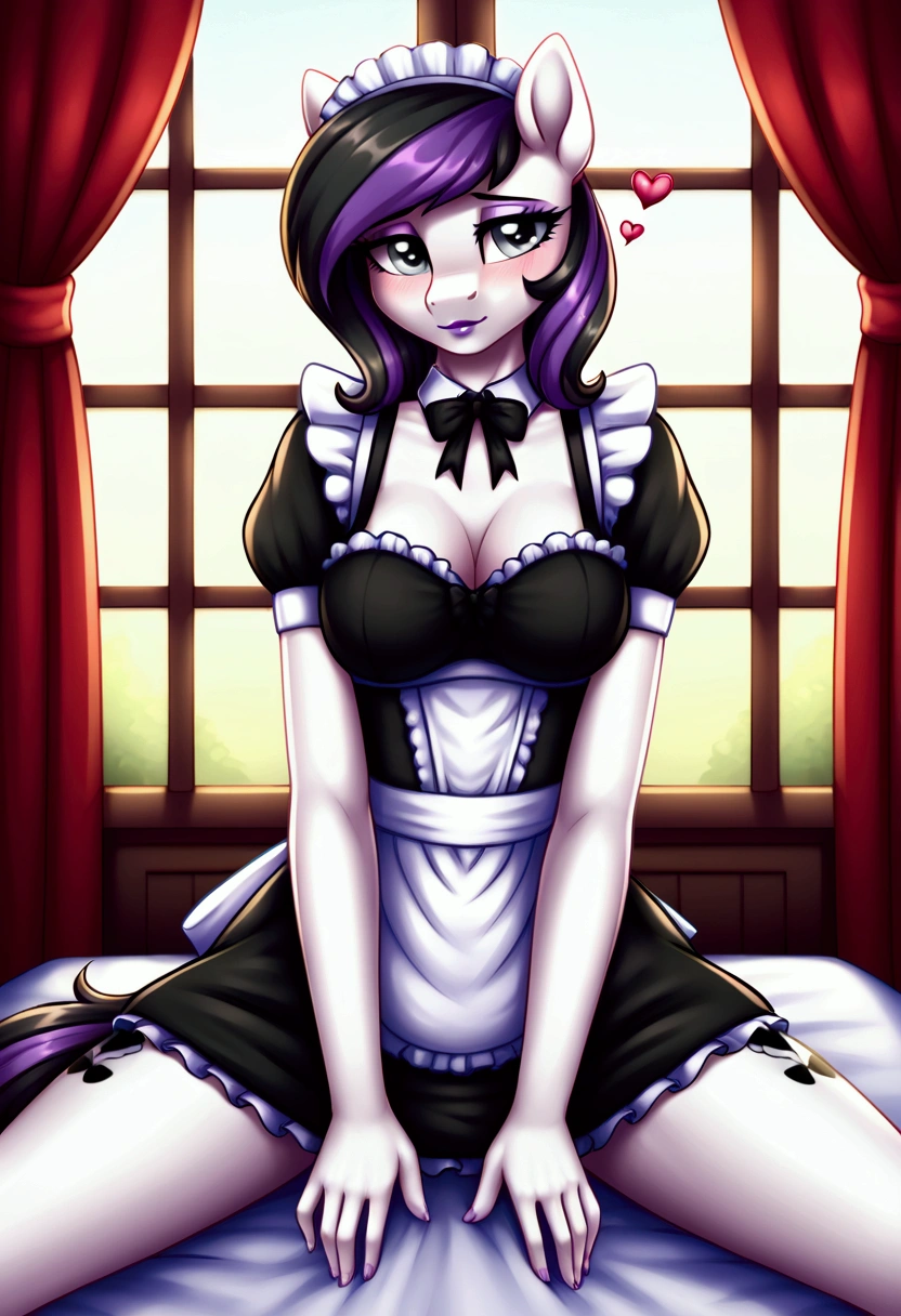 My little pony, (anthro), ((maid uniform)), ((two-tone hair with black on top and white underneath)), pale white body, gray eyes, medium breasts, purple lips, perfect lines, heart cutie mark, beautiful quality, more details, room, shy