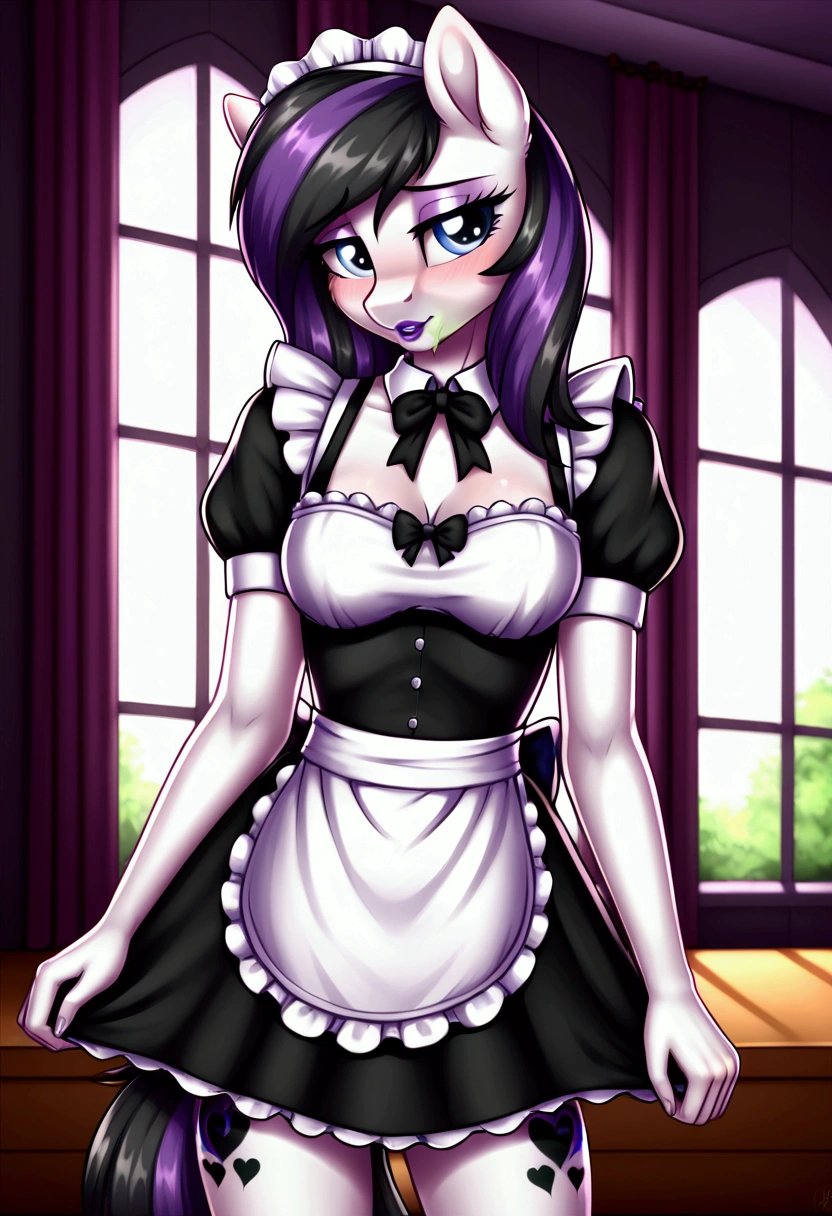 My little pony, (anthro), ((maid uniform)), ((two-tone hair with black on top and white underneath)), pale white body, gray eyes, medium breasts, purple lips, perfect lines, heart cutie mark, beautiful quality, more details, room, shy