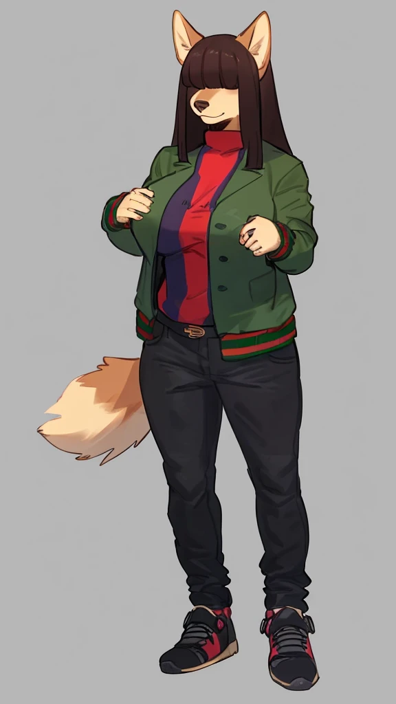 By bebebebebe, by lostgoose, by goonie-san, female, ((canine, snout, hair covering eyes, straight hair, medium hair, flat hair, ears, thin snout)), brown fur, big poofy tail, raised tail, dark maroon hair, ((muscular, big breasts)), solo, standing, ((designer clothes, gucci canvas jacket, black gucci jeans, yeezys, rolex watch)),