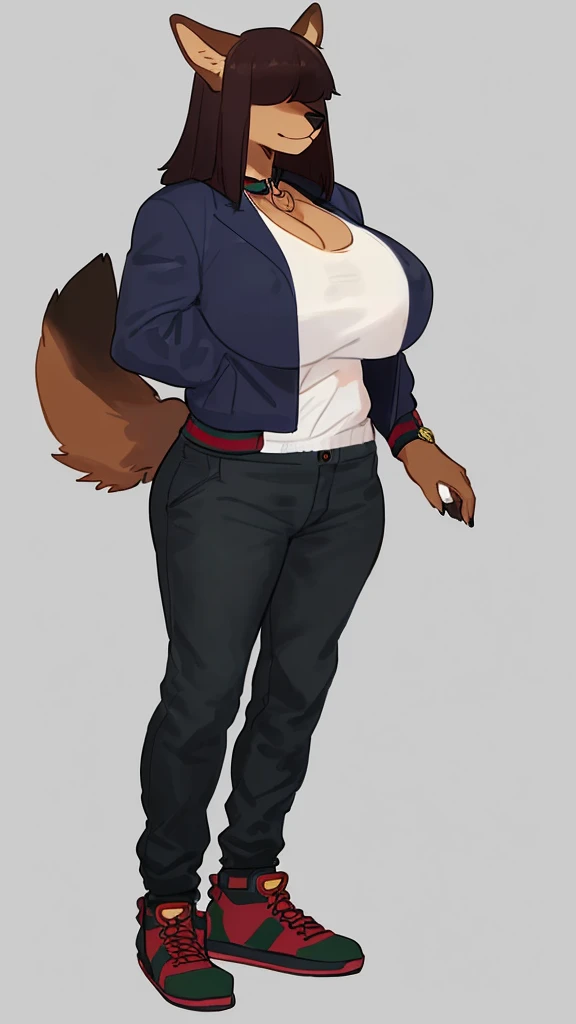By bebebebebe, by lostgoose, by goonie-san, female, ((canine, snout, hair covering eyes, straight hair, medium hair, flat hair, ears, thin snout)), brown fur, big poofy tail, raised tail, dark maroon hair, ((muscular, big breasts)), solo, standing, ((designer clothes, gucci canvas jacket, black gucci jeans, yeezys, rolex watch)),