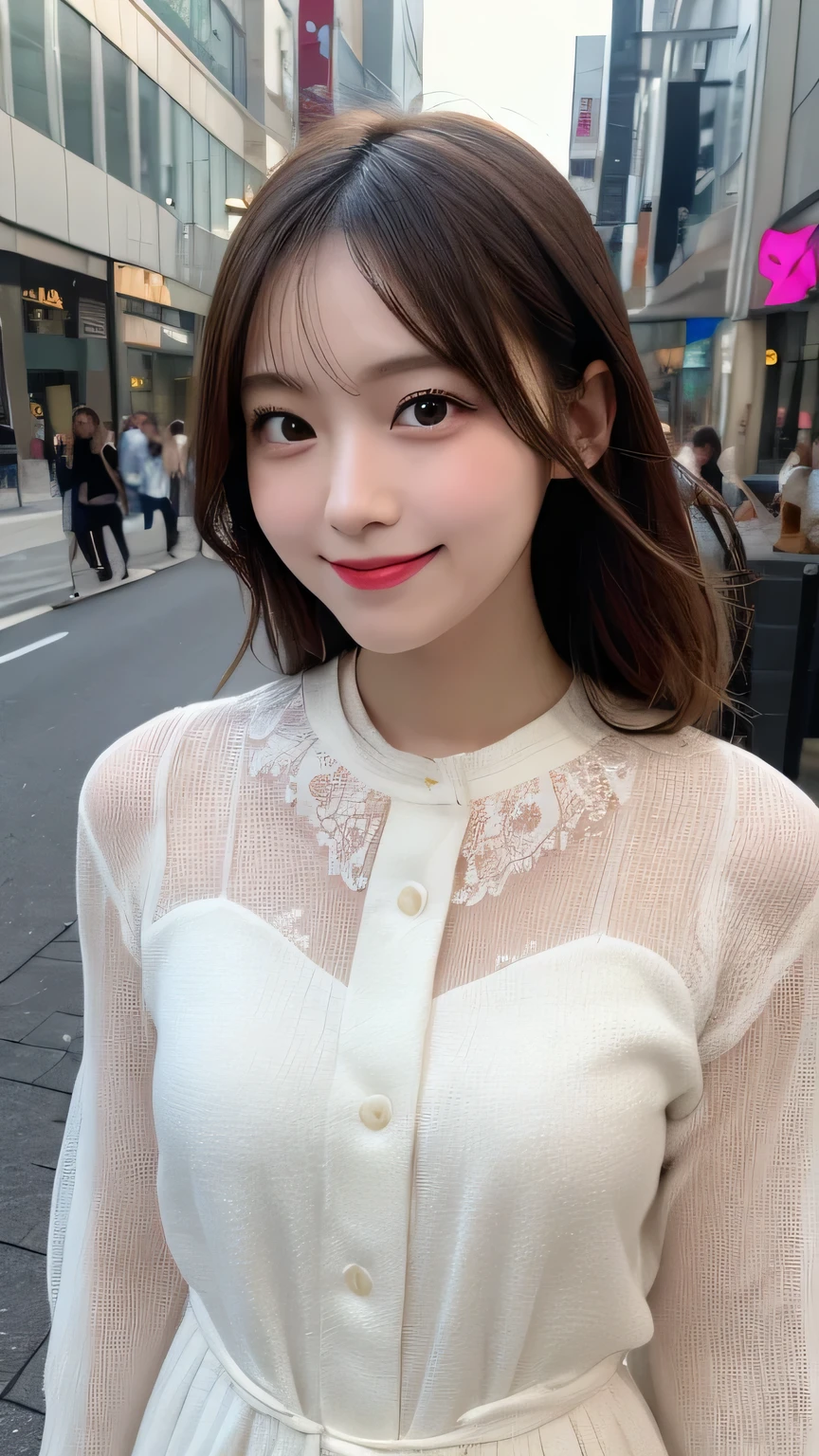 Tabletop, Highest quality, figure, Very detailed, In detail, High resolution, 8k wallpaper, Perfect dynamic composition, Beautiful attention to detail, dress,Medium Hair,  Natural color lip, Random sexy poses,smile,Aoyama Street Walk、26-year-old woman