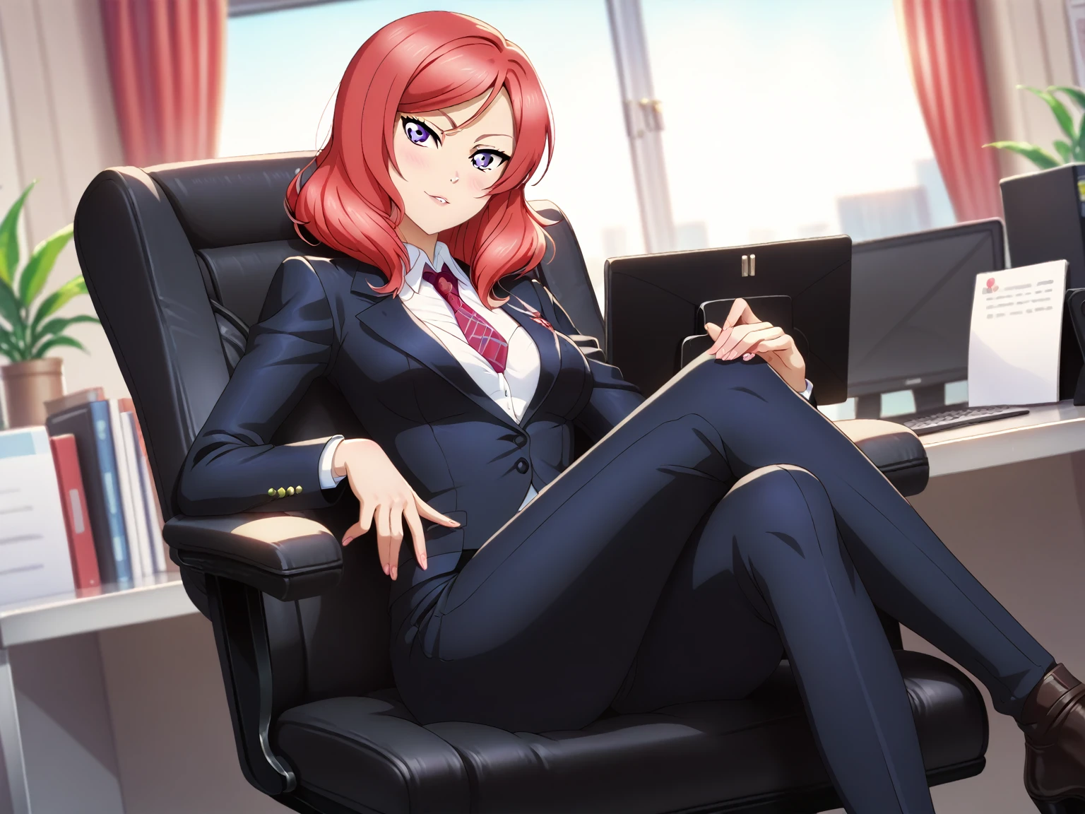 masterpiece, best quality,solo, nishikino maki,red hair, purple eyes, black formal suit, pants, sitting , crossed legs ,neck tie, Sexual seduction, sexualised ,in office , front view , busty breasts