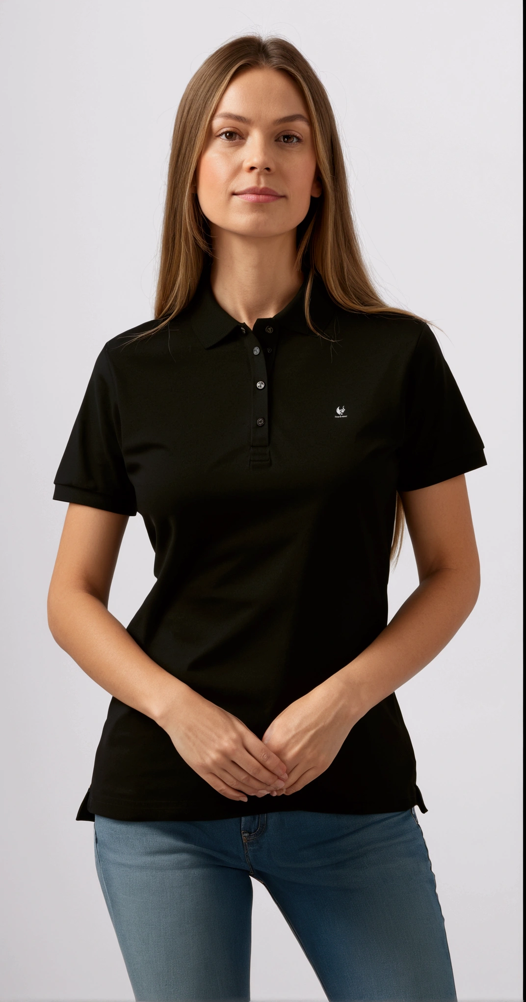 a woman in a black shirt polo and jeans poses for a picture, short sleeves, wearing polo shirt, collared shirt, front portrait, black, “organic, wearing a black shirt, or black, plain, black shirt, 3/4 front view, front-view, wearing a dark blue polo shirt, basic, black t shirt, collar on neck, no logo!!!