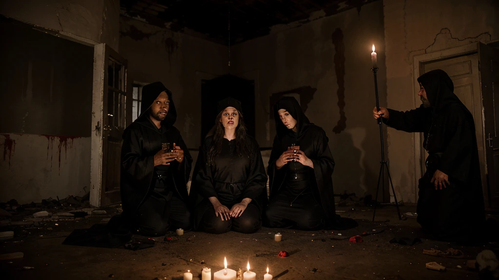 three different friends, inside the black magic ritual in the big abandoned house, with people in black robes, blood candles, voodoo, dark magic