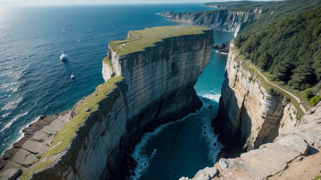 A bird's eye view extreme wide shot of a vast cliffside dropping into a deep blue sea, with intricate rock formations and lush greenery on the cliffs, under a bright midday sun, shot with a DJI Mavic Air 2, wide angle lens, vivid colors