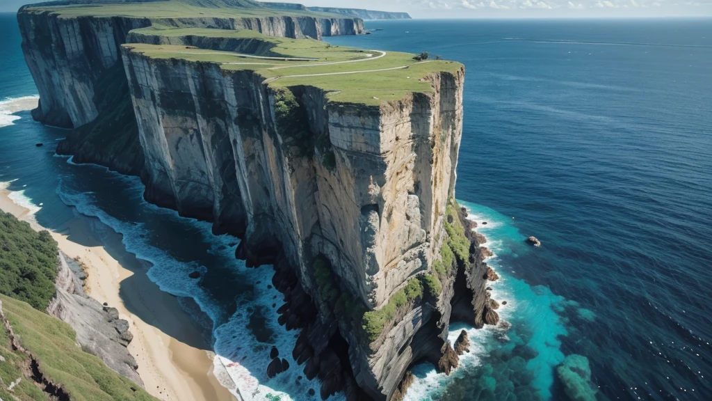 A bird's eye view extreme wide shot of a vast cliffside dropping into a deep blue sea, with intricate rock formations and lush greenery on the cliffs, under a bright midday sun, shot with a DJI Mavic Air 2, wide angle lens, vivid colors