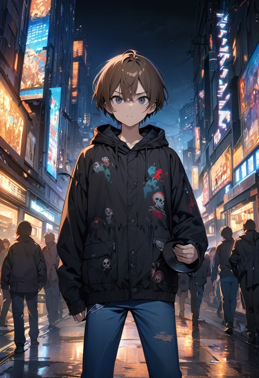 (BEST QUALITY), (MASTERPIECE), illustration, Extremely_detail, 4k wallpaper , midnight, man,black hoodie parka, blue jeans, 18 years old , brown Hair, short hair, black eyes, holding a frying pan, smart, Background of the city, Zombies